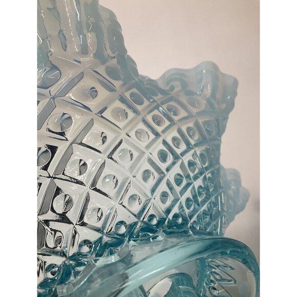 FENTON Glass 10" Flower EPERGNE Sea Blue Opalescent Hobnail Diamond Lace, MINT!! - Picture 15 of 16
